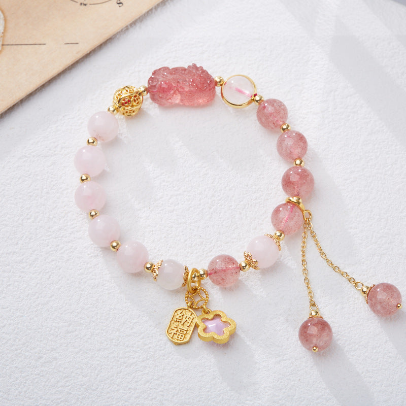Natural Strawberry Quartz and Pink Quartz Double Bracelet for Women Strawberry Quartz Pixiu Wealth Flower Good Luck Bracelet Crystal Bracelet