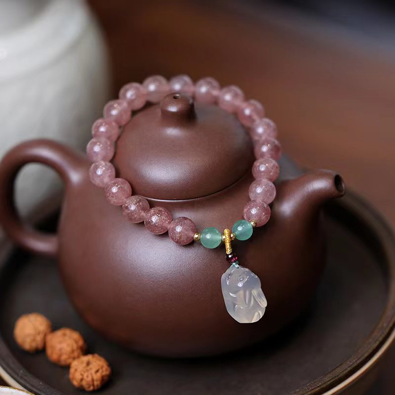 Custom Natural Strawberry Quartz Bracelet for Women Pigeon Blood Red Quartz DIY Pink crystal peach blossom beads