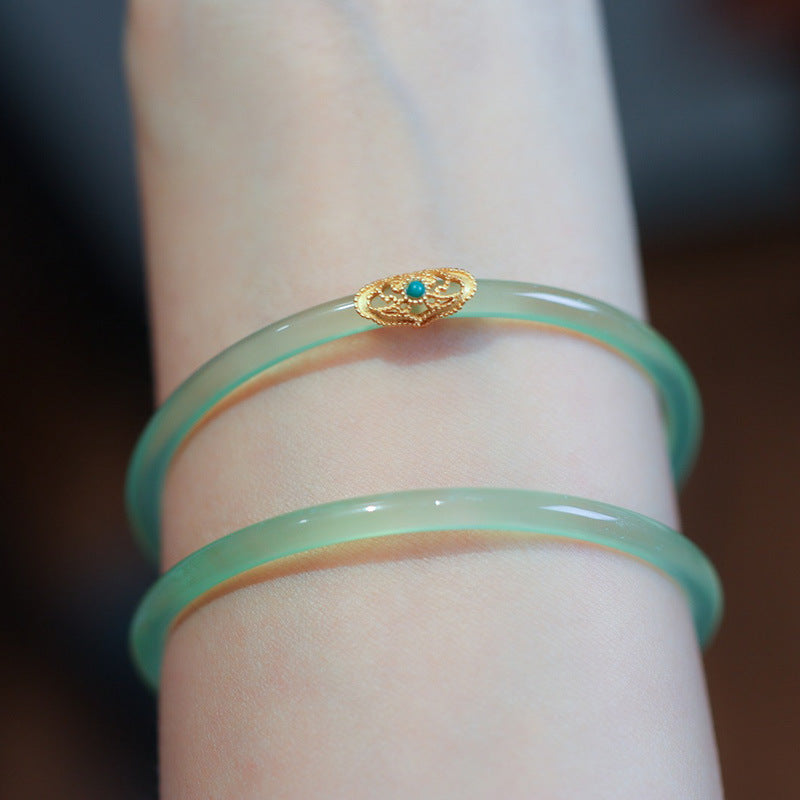 Sky Blue Dingdang Bracelet Hollow Ruyi Bell Style for Women Chalcedony Agate Bracelet Artistic Retro Jade Bracelet Chinese Style