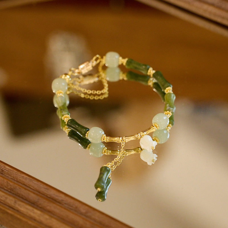 Natural Olive Jade Bamboo Bracelet for Women, One Leaf of Prosperity, Lily of the Valley Flower, Hetian Jade Bracelet, Gift for Best Friend