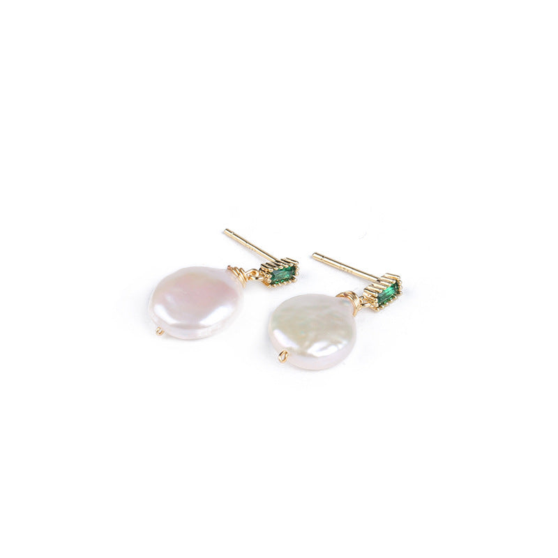 Natural Freshwater Baroque Pearl Earrings with Emerald Pearl Studs 14K Gold-Plated Vintage Earrings for Women Summer Simple