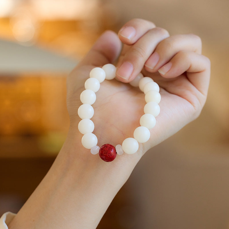 Lingyin Style Natural White Jade Bodhi Bracelet with Cinnabar and Red Sand, Wealth Pixiu, Soft Wrap Bracelet for Men and Women