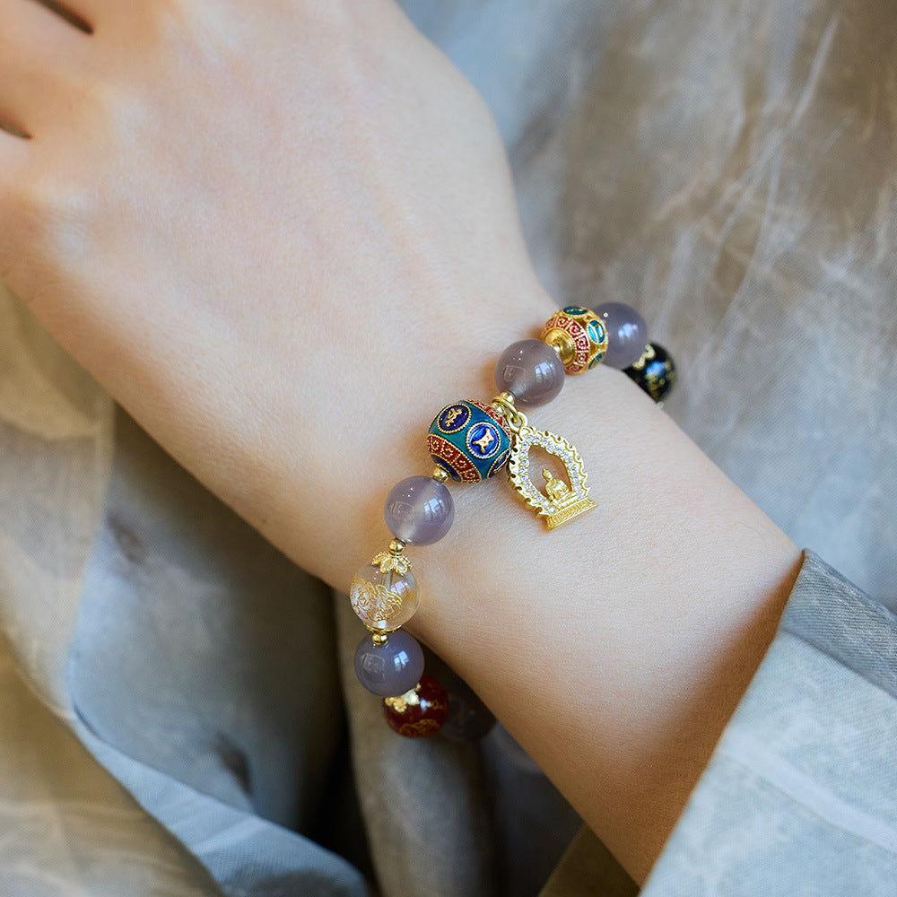 Armband aus natürlichem Achat im Tempelstil, Fünfwege-Reichtumsgott, für Frauen, rauchviolettes Achat-Amulett, Buddha, Perlenarmband im nationalen Stil