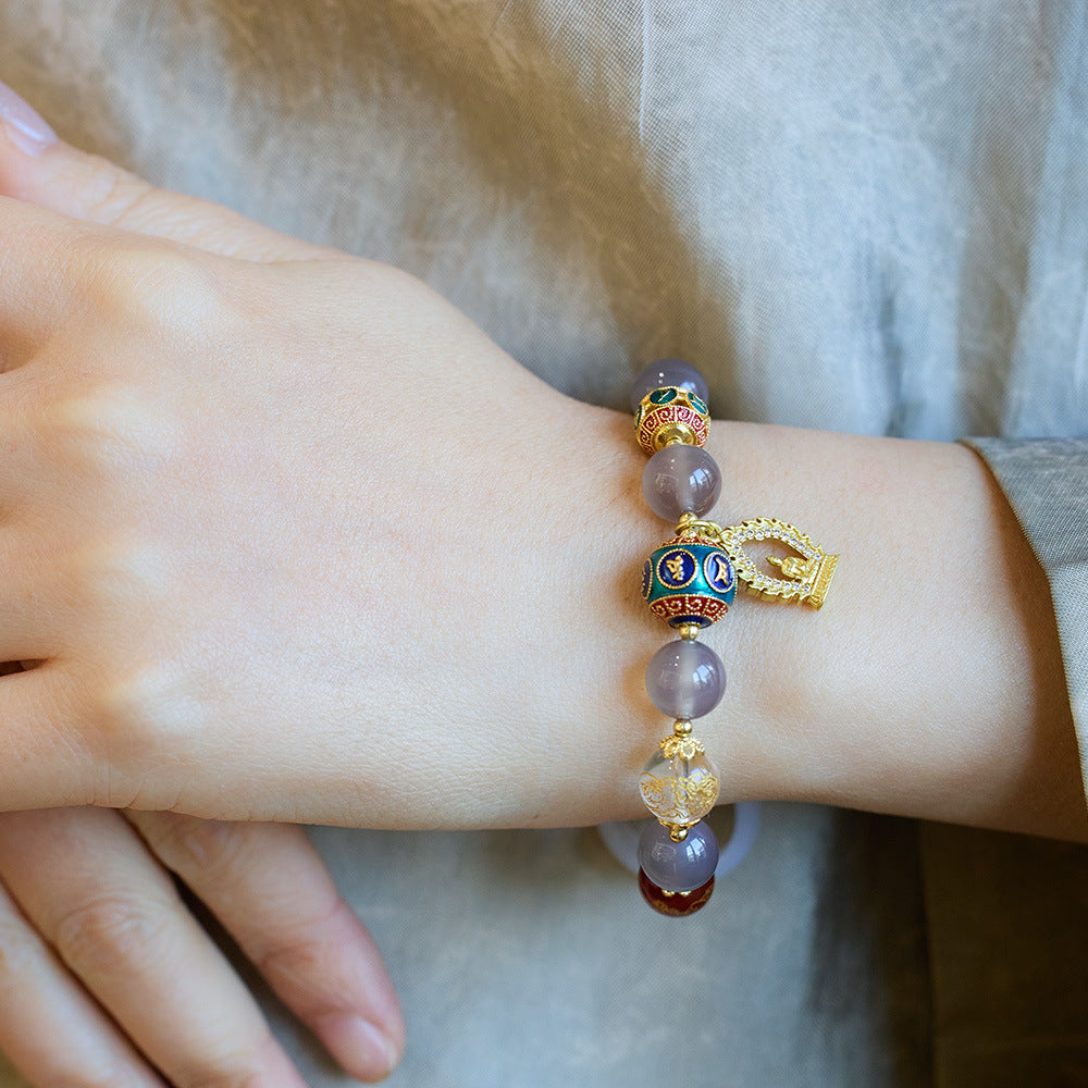 Armband aus natürlichem Achat im Tempelstil, Fünfwege-Reichtumsgott, für Frauen, rauchviolettes Achat-Amulett, Buddha, Perlenarmband im nationalen Stil
