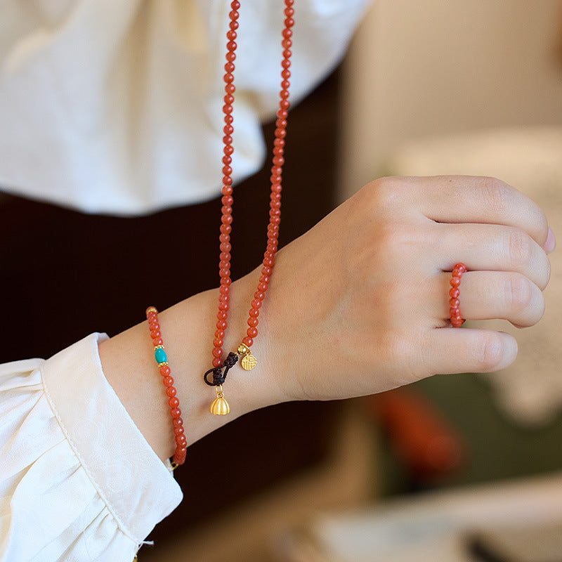 New Chinese Style Natural Sichuan Material4MM Liangshan South Red Agate Bracelet for Women, Small Rice Beads, Cherry Persimmon Red, South Red Agate Collection