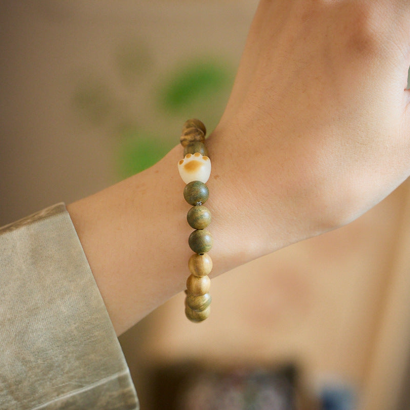 Natural8MM Green Sandalwood Bracelet Charcoal Burnt Bodhi Cat Paw Design Style Cultural Play Bracelet for Men and Women Finished Bracelet