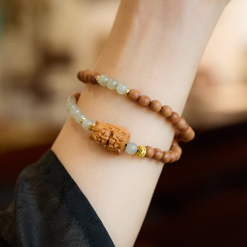 Fox Matchmaker Same Style Milk Fragrance Sandalwood Phoenix Nine Fox Demon Bracelet Nine-Tailed Fox Hetian Jade Double Circle Bracelet Set