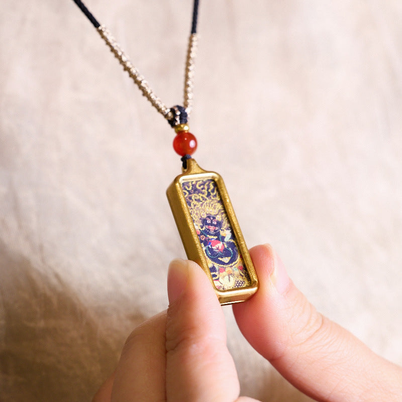 Unisex Titanium Steel Tibetan Thangka Small Pendant Tibetan Style Mini Gawu Box Buddha Amulet Zakilam Yellow Wealth God Necklace