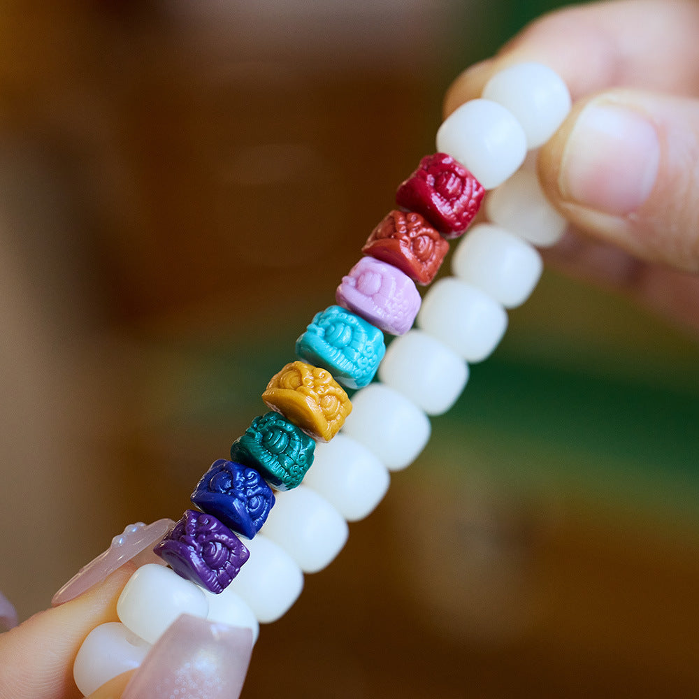 Natural Hainan White Jade Bodhi Bracelet Seven Colors Rainbow Lion Dance Zodiac Year Cultural Play Bracelet Dragon Year Accessories