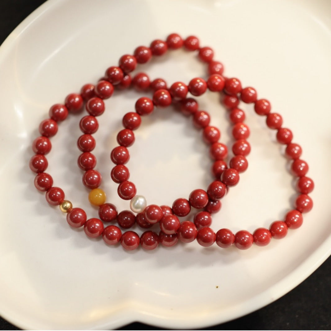 Custom Natural High Content Imperial Sand Bracelet with Amber and Pearl, Chinese Style Red Birth Year Cinnabar Beaded Bracelet