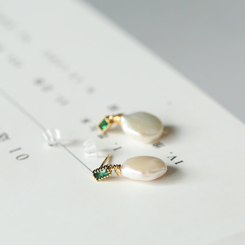 Natural Freshwater Baroque Pearl Earrings with Emerald Pearl Studs 14K Gold-Plated Vintage Earrings for Women Summer Simple