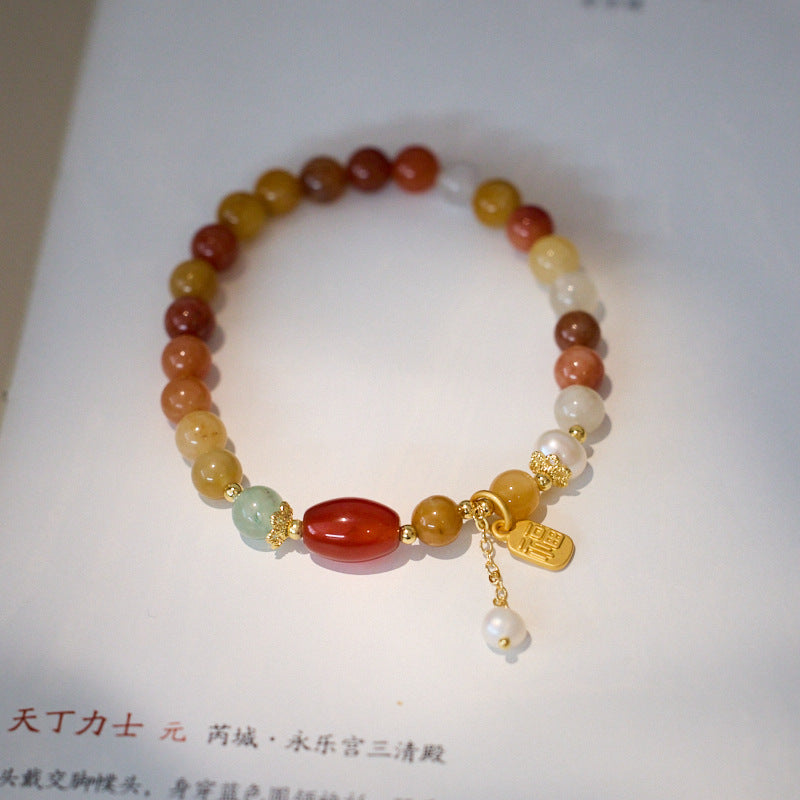 Natural Xinjiang Golden Silk Jade Bracelet for Women with Pearl Tassel, New Chinese Style High-end Jade Bead Bracelet, Gift for Best Friend