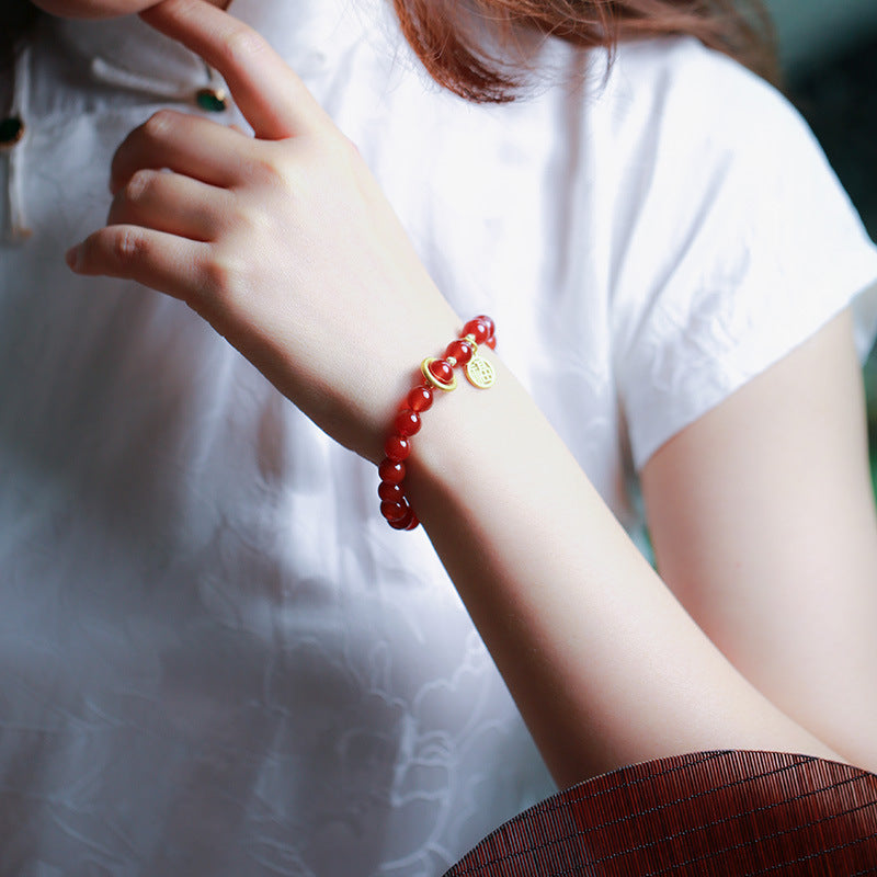 Live Streaming Natural8MM Red Agate Bracelet for Women Fortune Pendant Chalcedony Agate High-end Design Bracelet