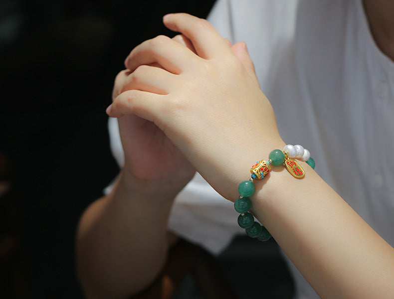 Vintage Chinese Style Green Aventurine Bracelet Pearl Pendant Fortune Bracelet Jade Crystal Ethnic Style Jewelry