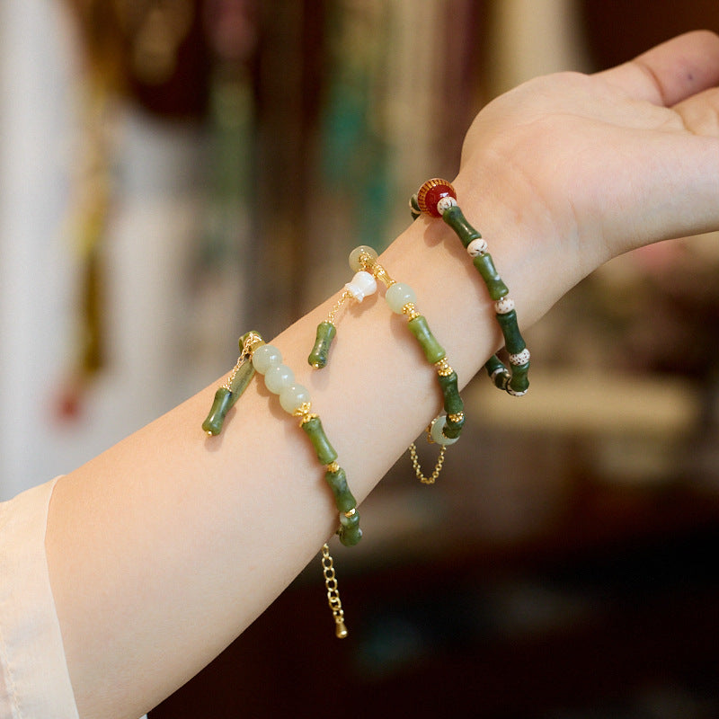 Natural Olive Jade Bamboo Bracelet for Women, One Leaf of Prosperity, Lily of the Valley Flower, Hetian Jade Bracelet, Gift for Best Friend