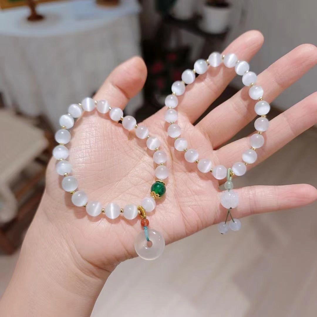 Trendy Chinese Style Cat's Eye Beaded Bracelet for Women ins Niche Design Peace Buckle Lotus Pendant Bead Bracelet Jewelry