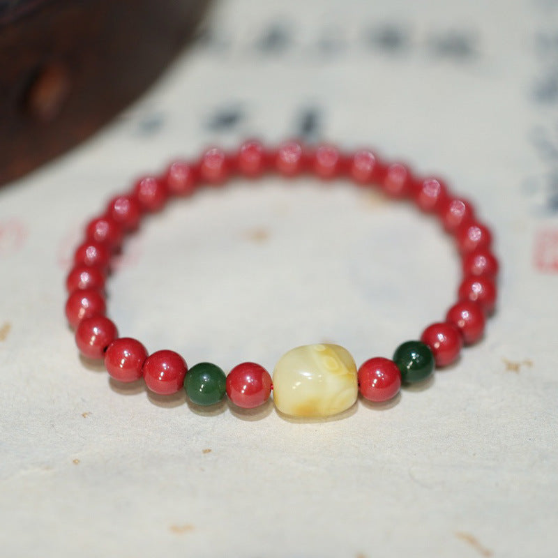 Custom Natural High Content Imperial Sand Bracelet with Amber and Pearl, Chinese Style Red Birth Year Cinnabar Beaded Bracelet