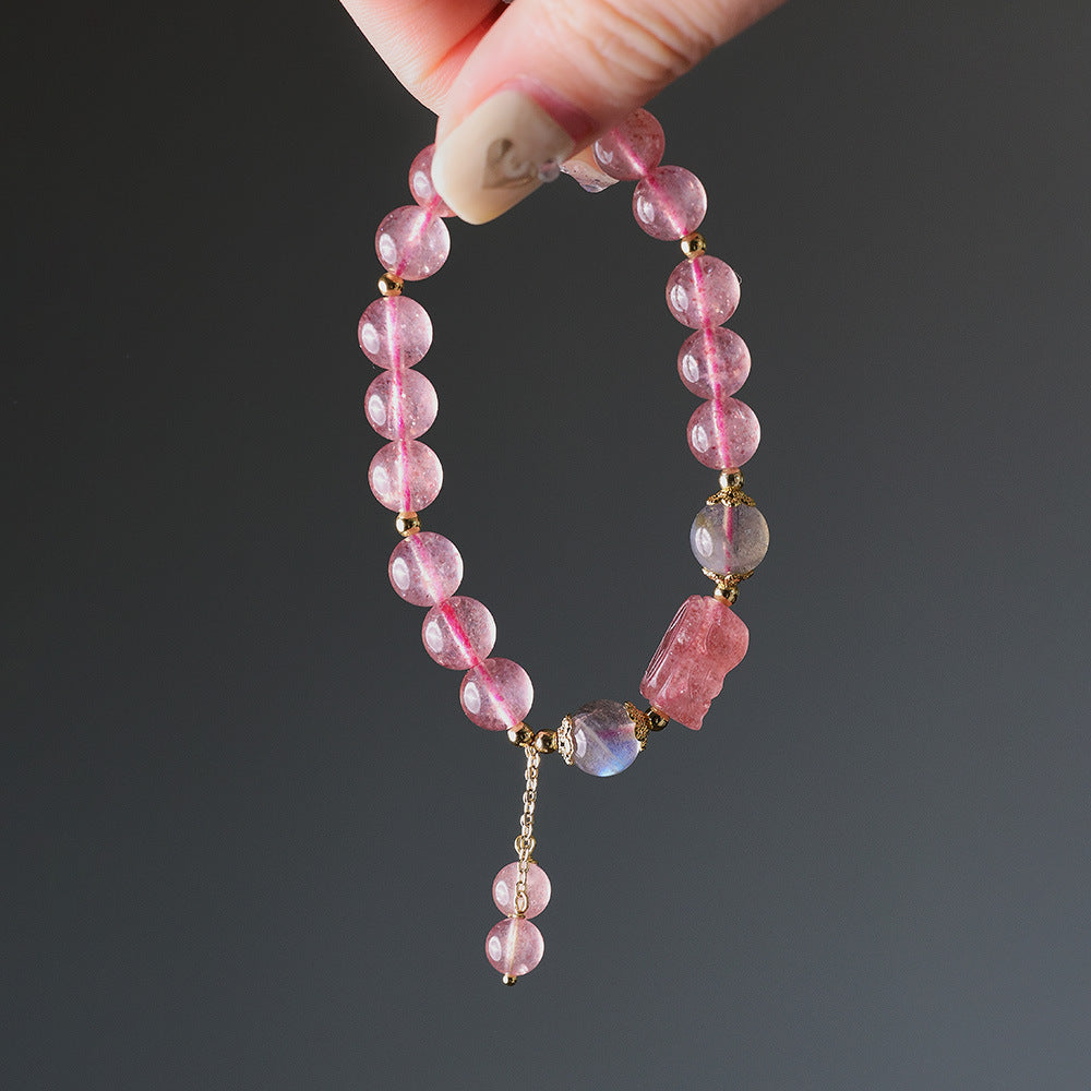 Natural Strawberry Quartz Bracelet for Women, Peach Blossom Blooming, Niche Style, Best Friends, Students, Pink Beads, Crystal Bracelet