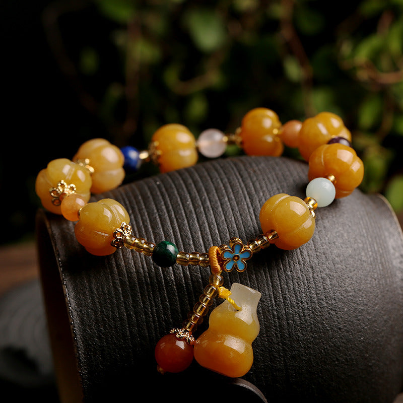 Feiyi Jewelry Gold Silk Jade Bracelet Drum Beads Pumpkin Beads Gourd Ethnic Style Bracelet Yellow Jade Pixiu Bracelet for Women