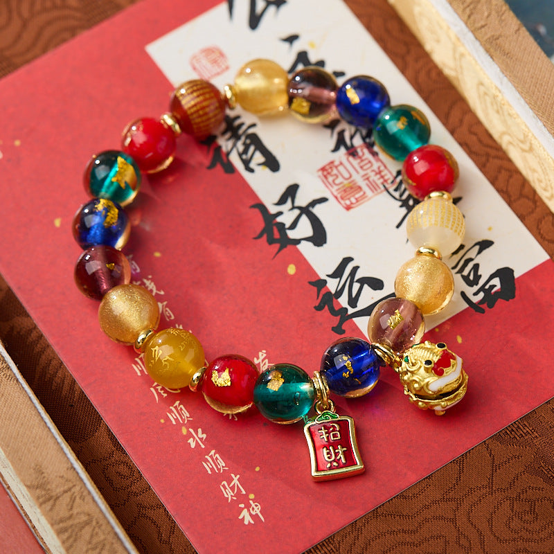 Xiamen Nanputuo Collection Five-Color Gold Leaf Heart Sutra Multi-Treasure Glass Bell Lion Dance Bracelet Ten Perfect Bracelets