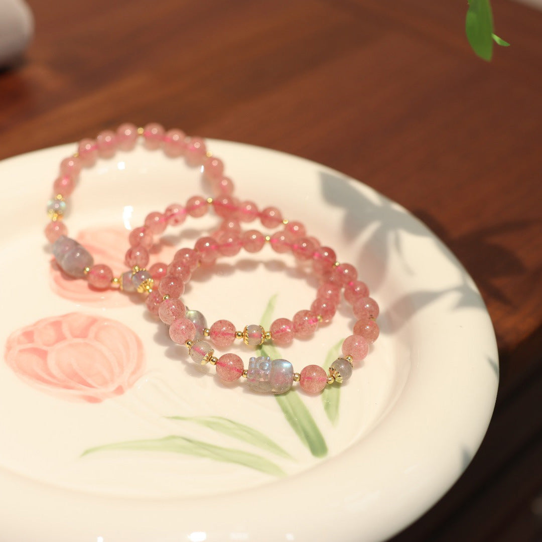 Natural7MM Pigeon Blood Red Strawberry Quartz Pixiu Bracelet for Women Moonstone Good Luck Peach Blossom Pink Quartz Beaded Bracelet Gift