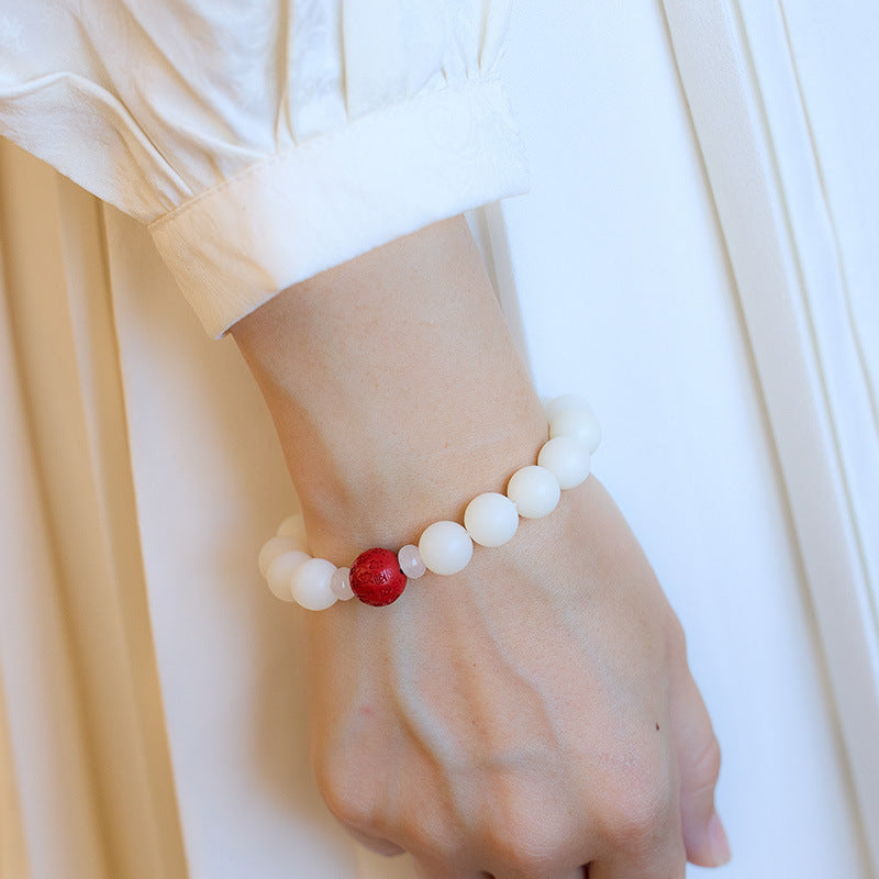 Lingyin Style Natural White Jade Bodhi Bracelet with Cinnabar and Red Sand, Wealth Pixiu, Soft Wrap Bracelet for Men and Women