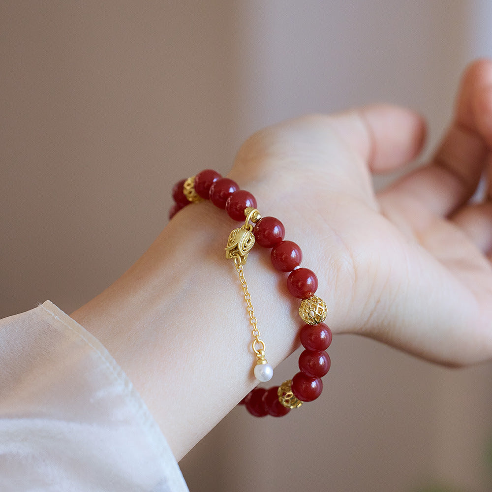 Natural8MM Red Agate Bracelet S925Silver and Gold Cloud Pattern Hetian Jade Fortune Bracelet for Women, Chinese Style Qixi Gift