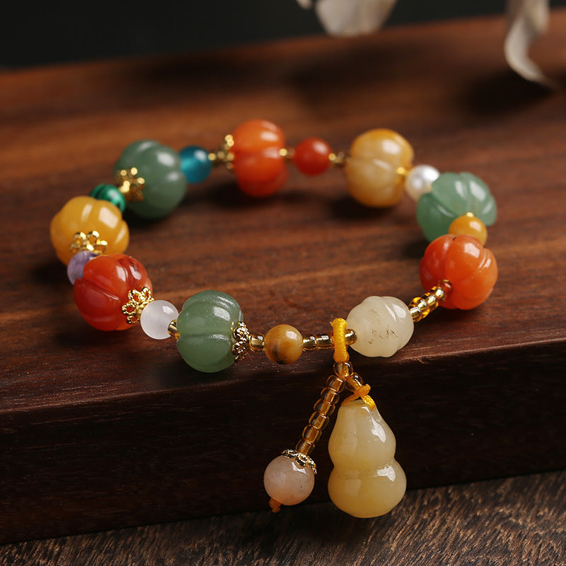 Yiyi Natural Golden Silk Jade Pumpkin Bead Bracelet for Women, Best Friend Gift, Gourd Pendant, Bell Jade Stone Jewelry