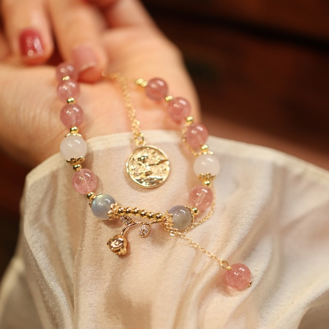Custom Natural Strawberry Quartz Bracelet for Women Pigeon Blood Red Quartz DIY Pink crystal peach blossom beads
