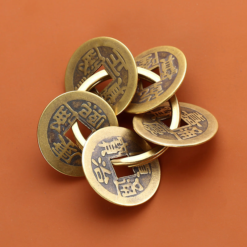 Pure Copper Five Emperor Coins Brass Gourd Keychain Pendant Portable Copper Coin Small Pendant Small Ornament