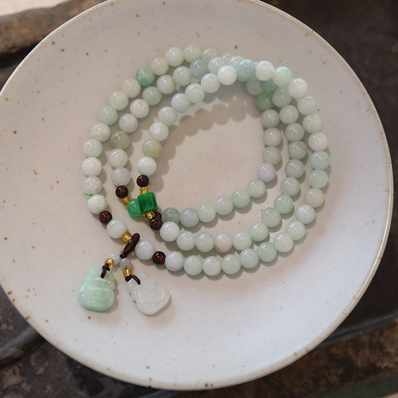 Natural A Jadeite Jade Stone Three-Layer Bracelet With Beads Dry Green Garnet Gourd Double Pixiu Pendant