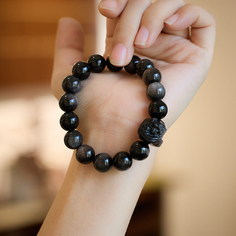 Natural Obsidian Bracelet Double Eyes Silver Stone Buddha Beads Good Luck Xingshi Bracelet Men and Women Bracelet of Birth Year