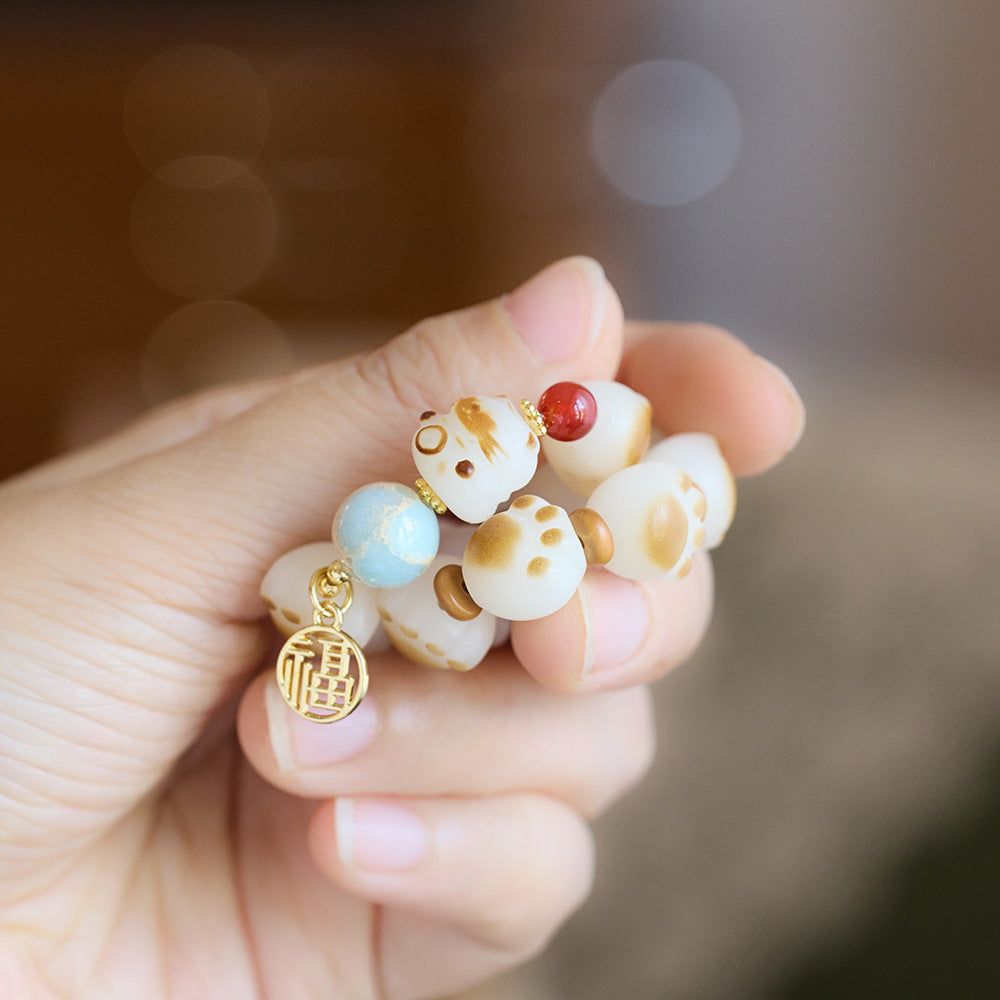 Natural Charcoal Burnt Cat Paw Bodhi Root Bracelet for Women, Cat Milk Bean Hanging Fortune Bodhi Root Small Cat Buddha Bead Bracelet
