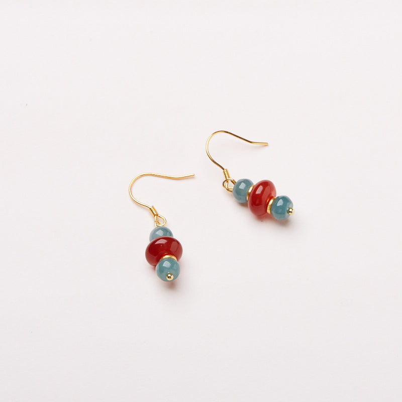 Natural Blue Water Jade Earrings S925Silver Thousand Miles of Rivers and Mountains Red Agate National Style Earrings New Chinese Hook Earrings