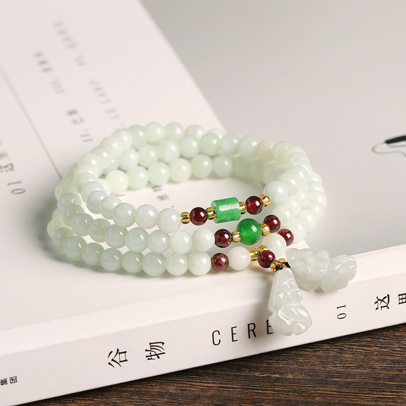 Natural A Jadeite Jade Stone Three-Layer Bracelet With Beads Dry Green Garnet Gourd Double Pixiu Pendant