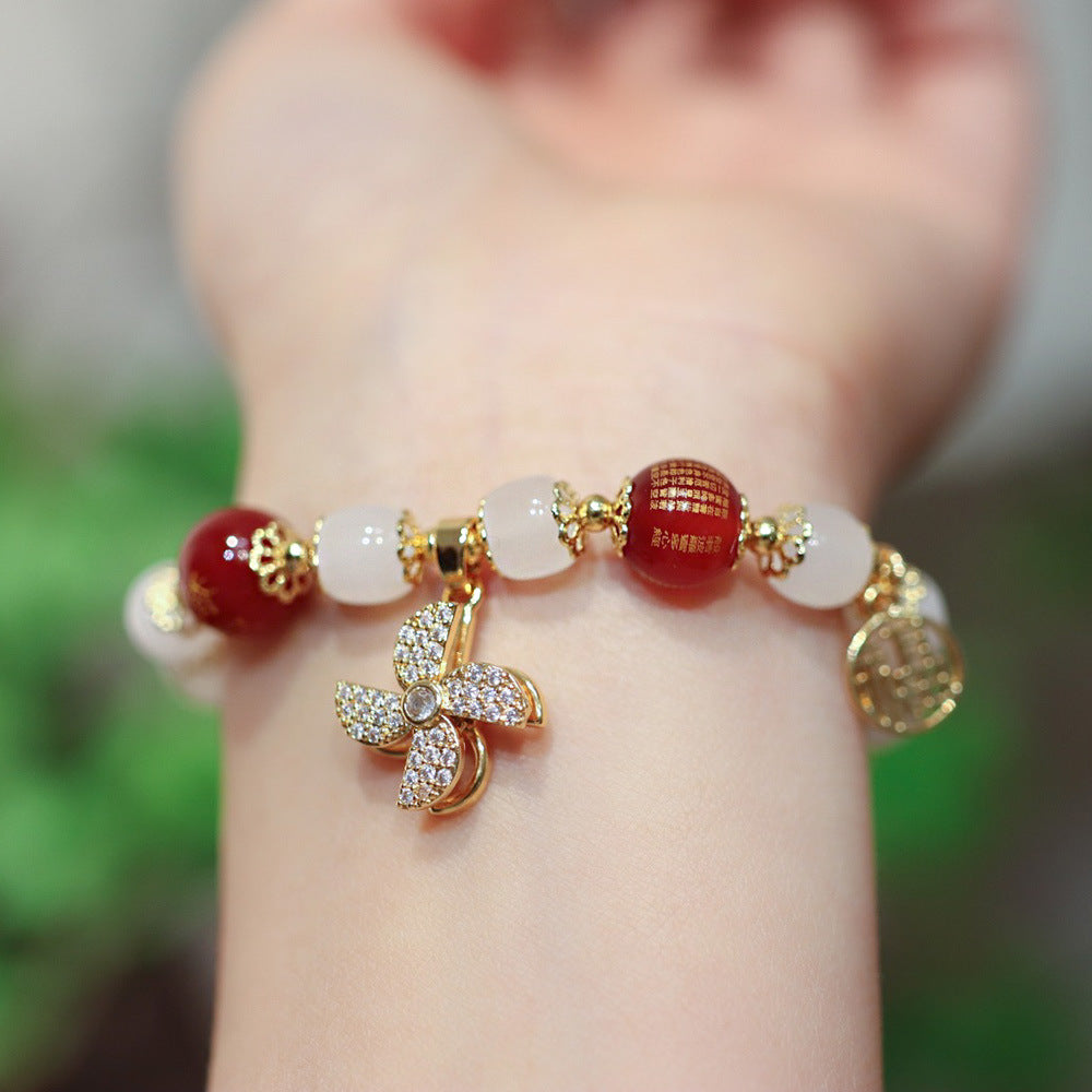 National Style Temple Same Style Wealth Peace Lock Windmill Stress Relief Glass Old Xing Barrel Bead Bracelet Glass Bead Bracelet Gift for Friends