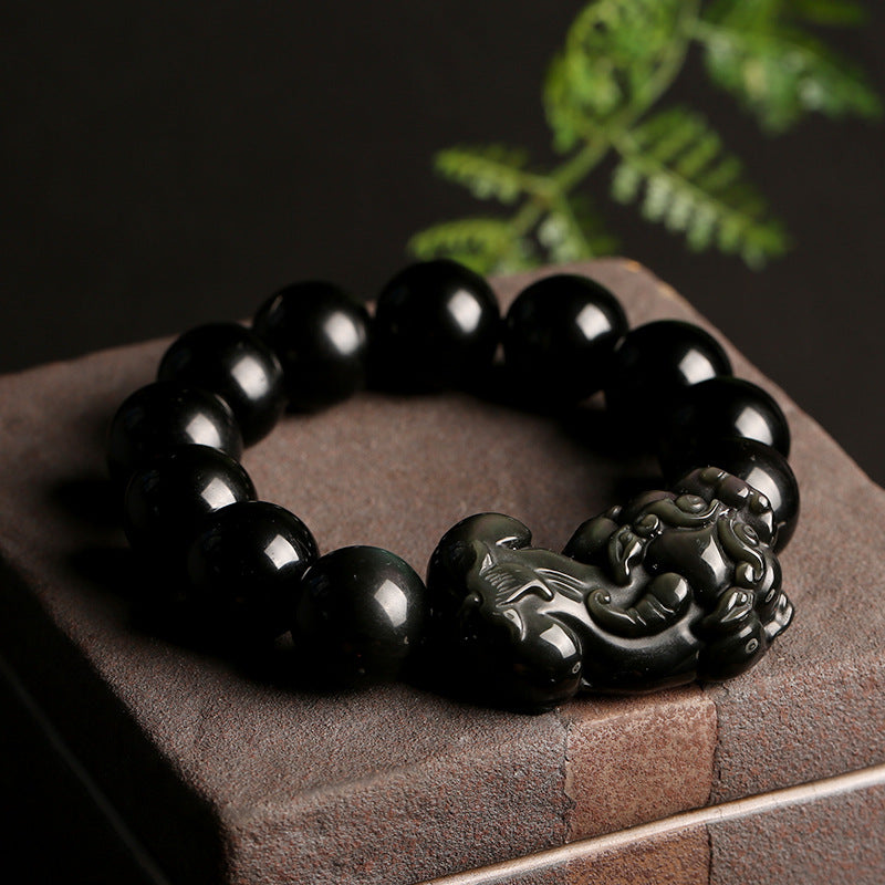 Natural Rainbow Eye Obsidian Pixiu Bracelet16mm Natural Obsidian Pixiu Men's Buddhist Bead Bracelet