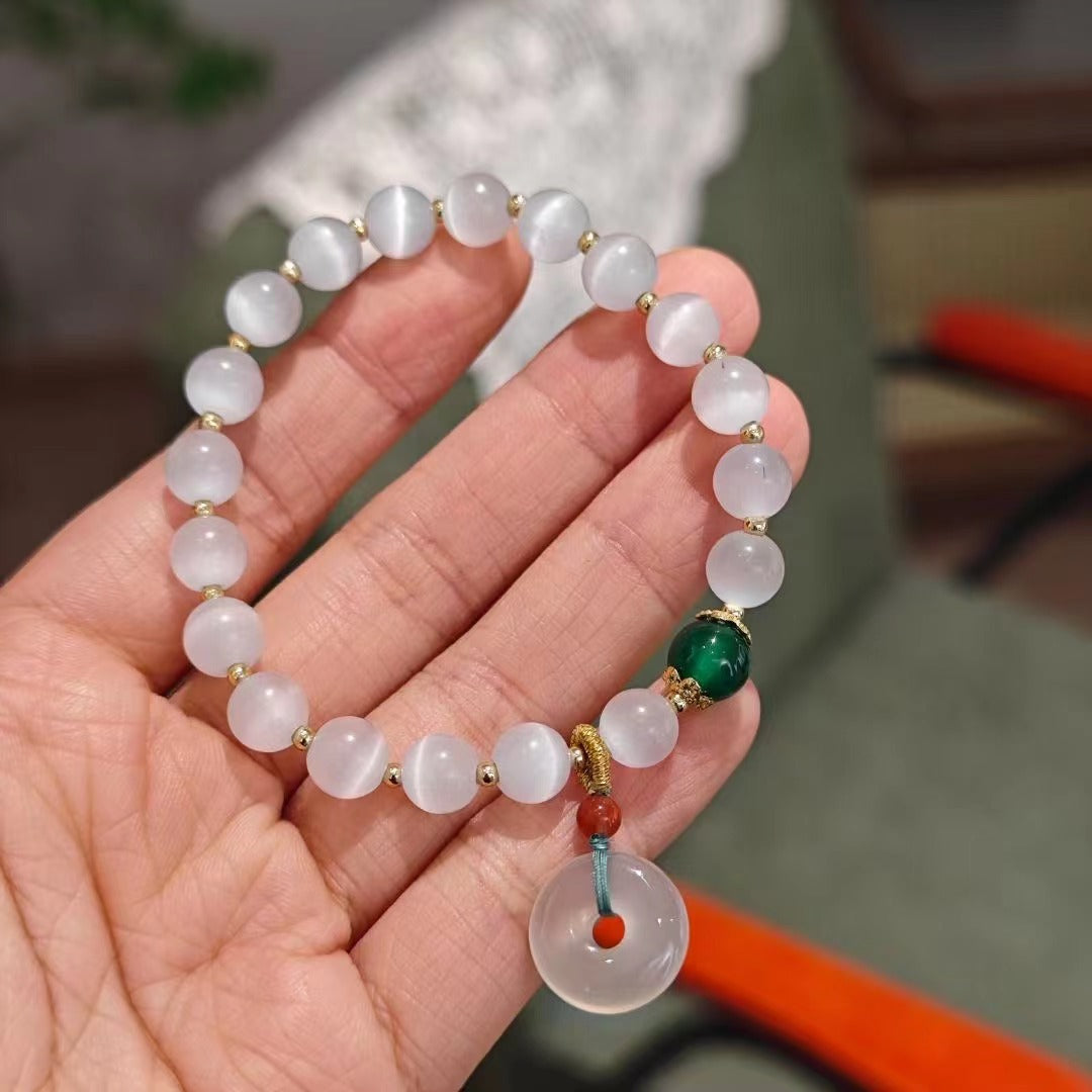 Trendy Chinese Style Cat's Eye Beaded Bracelet for Women ins Niche Design Peace Buckle Lotus Pendant Bead Bracelet Jewelry
