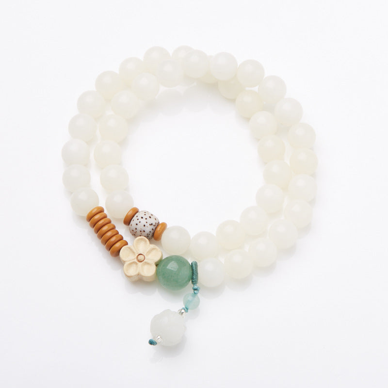 Natural White Jade Bodhi Bracelet Wealth Flower Green Aventurine Bodhi Double Circle Cultural Play Bracelet Buddhist Prayer Beads Bracelet