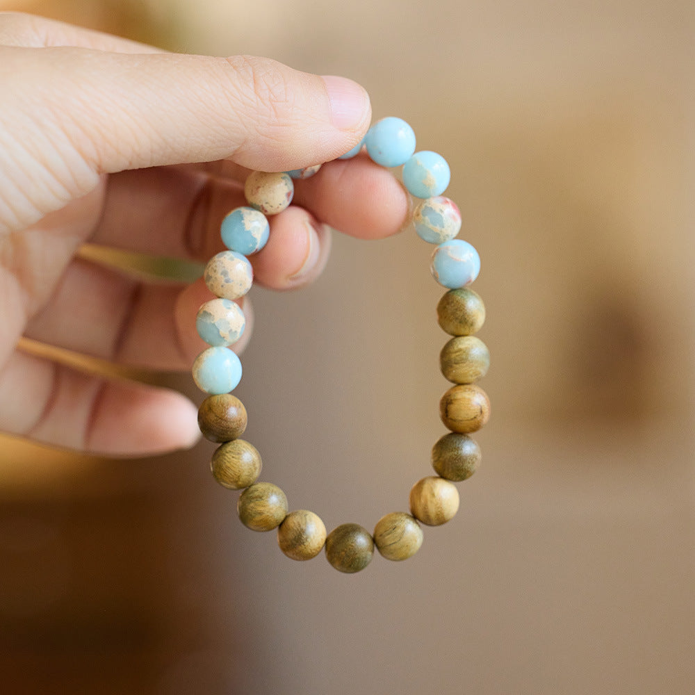 National Style Shoushan Stone Bracelet for Women Fashion Single Circle Green Sandalwood Bead Bracelet Artistic Ethnic Retro Jewelry