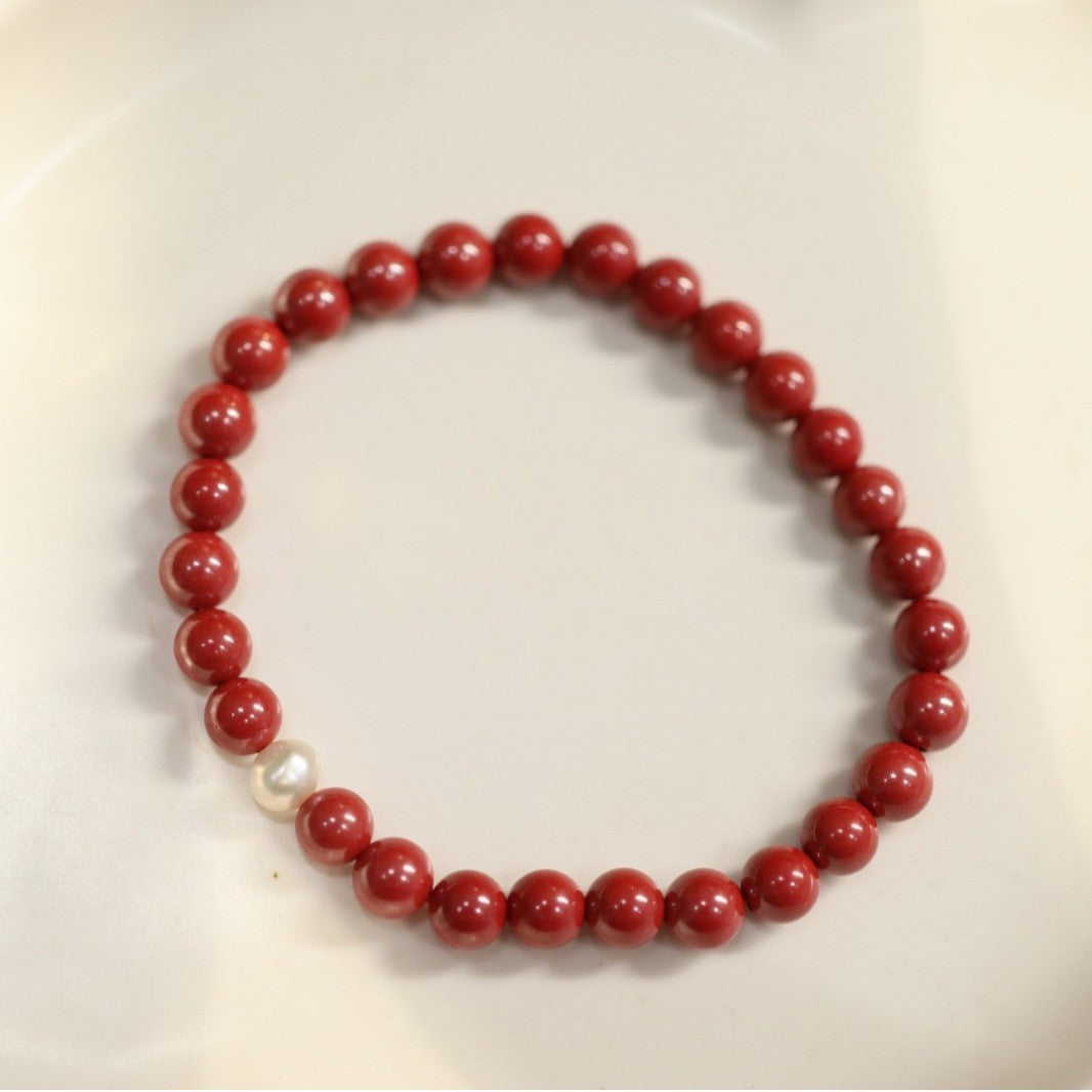 Custom Natural High Content Imperial Sand Bracelet with Amber and Pearl, Chinese Style Red Birth Year Cinnabar Beaded Bracelet
