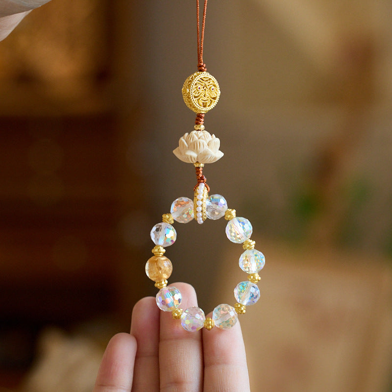New Chinese Style Guochao Boxwood Lotus Phone Chain Bag Pendant Car Hanging Ornament Colorful Ash Glaze Pendant