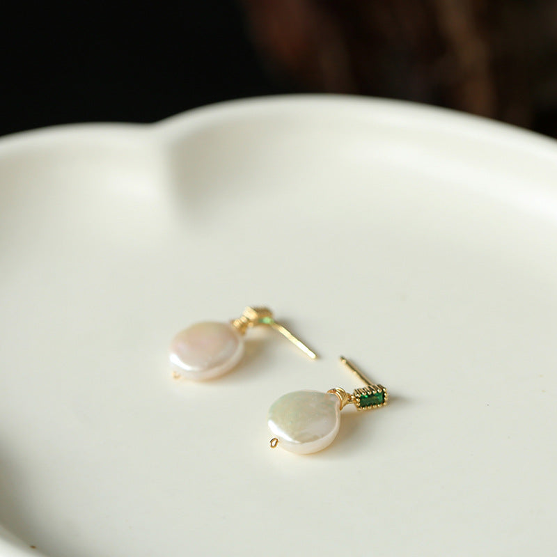 Natural Freshwater Baroque Pearl Earrings with Emerald Pearl Studs 14K Gold-Plated Vintage Earrings for Women Summer Simple