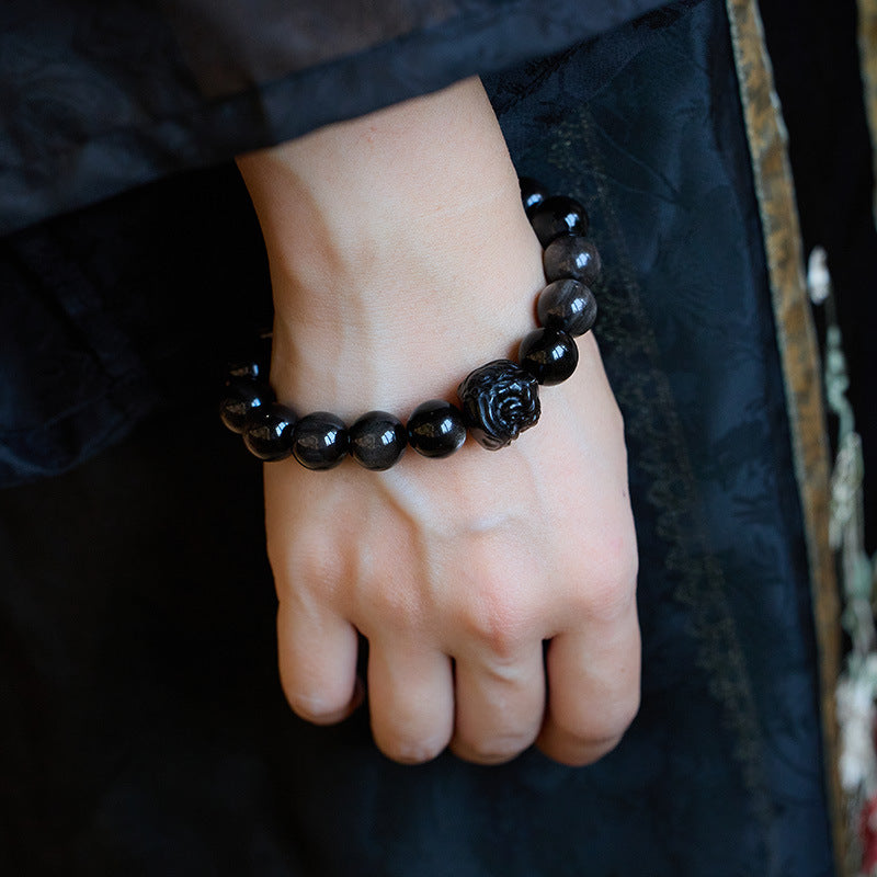 Natural Obsidian Bracelet Double Eyes Silver Stone Buddha Beads Good Luck Xingshi Bracelet Men and Women Bracelet of Birth Year