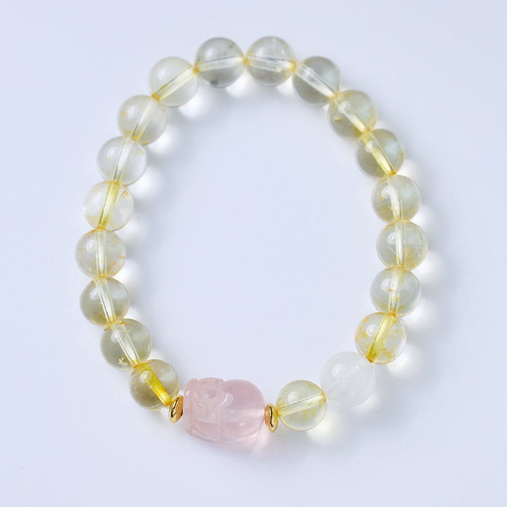 Natural Yellow Crystal Pixiu Bracelet for Women, Wealth Rolling Pink Crystal Pixiu Beaded Bracelet, Qixi Festival Gift for Girlfriend