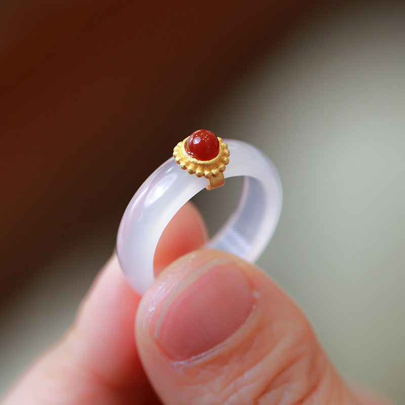 Nationaler Trend Natürlicher weißer Achatring mit Chalcedon-Kombination S925 Silber eingelegter südroter Achat Türkis Jade Damenring Schmuck