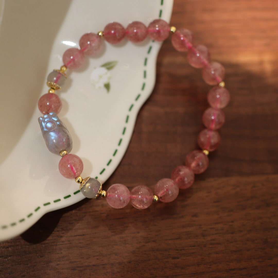 Natural7MM Pigeon Blood Red Strawberry Quartz Pixiu Bracelet for Women Moonstone Good Luck Peach Blossom Pink Quartz Beaded Bracelet Gift