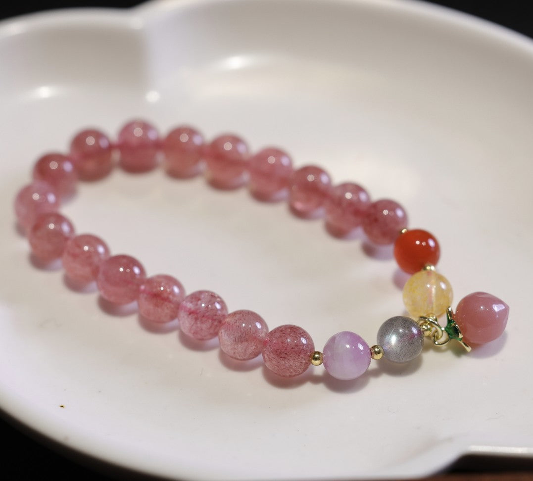 Custom Natural Strawberry Quartz Bracelet for Women Pigeon Blood Red Quartz DIY Pink crystal peach blossom beads