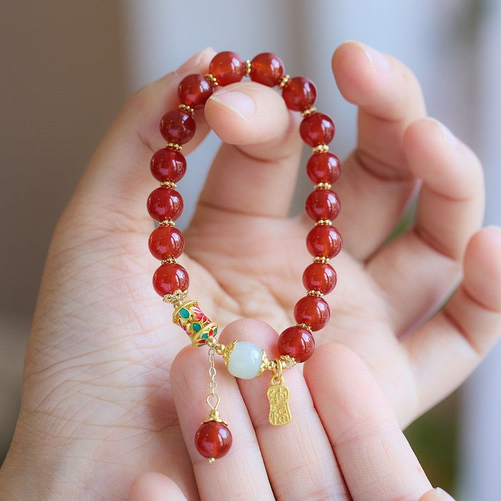 Live Streaming Natural8MM Red Agate Bracelet for Women Fortune Pendant Chalcedony Agate High-end Design Bracelet