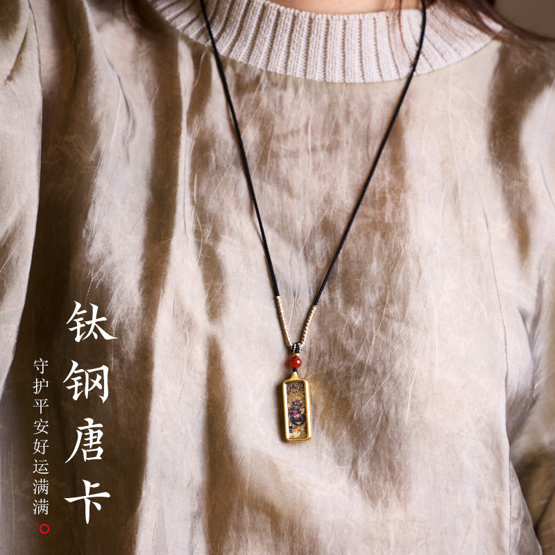 Tibetan Thangka Necklace for Women Hand-painted Gold-painted Thangka Pendant Mini Gawu Box Zakilam Yellow Wealth God Necklace
